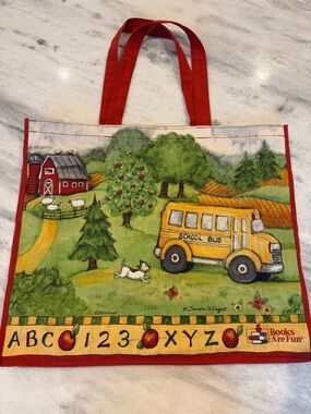 Susan Winget Canvas Teacher School Bus Tote Bag with Farm Scene Books Are Fun